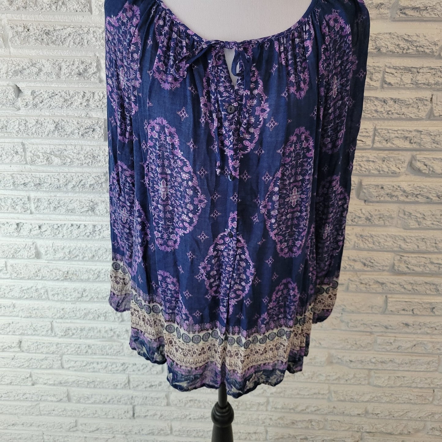 Lucky Brand Women's 1X Plus Size Blue Purple Geometric Sheer Viscose Top Blouse