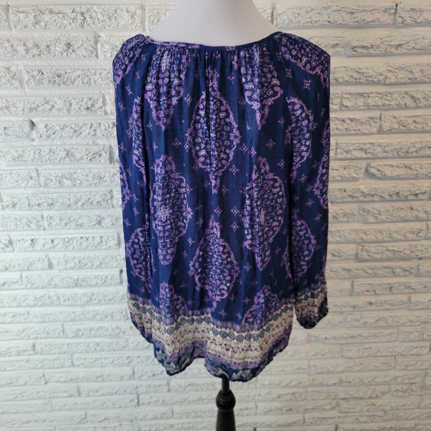 Lucky Brand Women's 1X Plus Size Blue Purple Geometric Sheer Viscose Top Blouse
