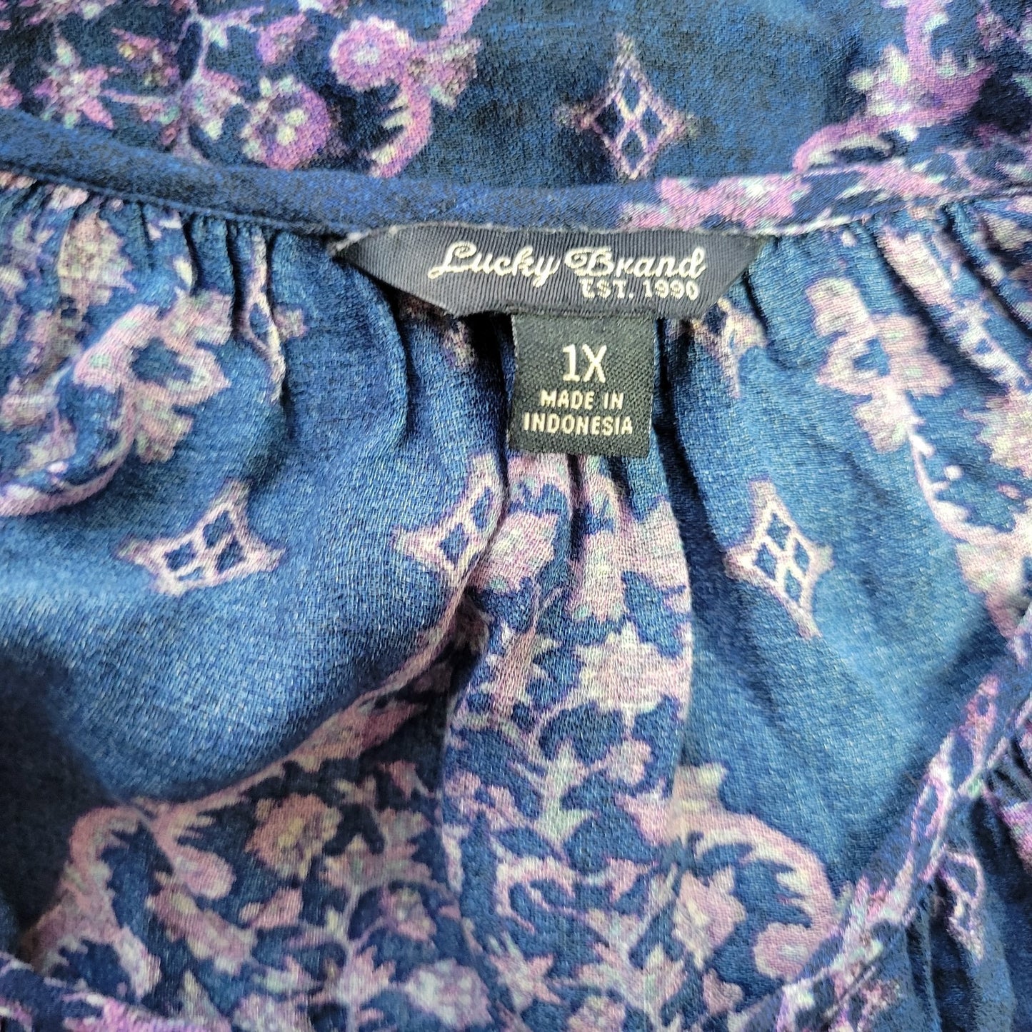 Lucky Brand Women's 1X Plus Size Blue Purple Geometric Sheer Viscose Top Blouse