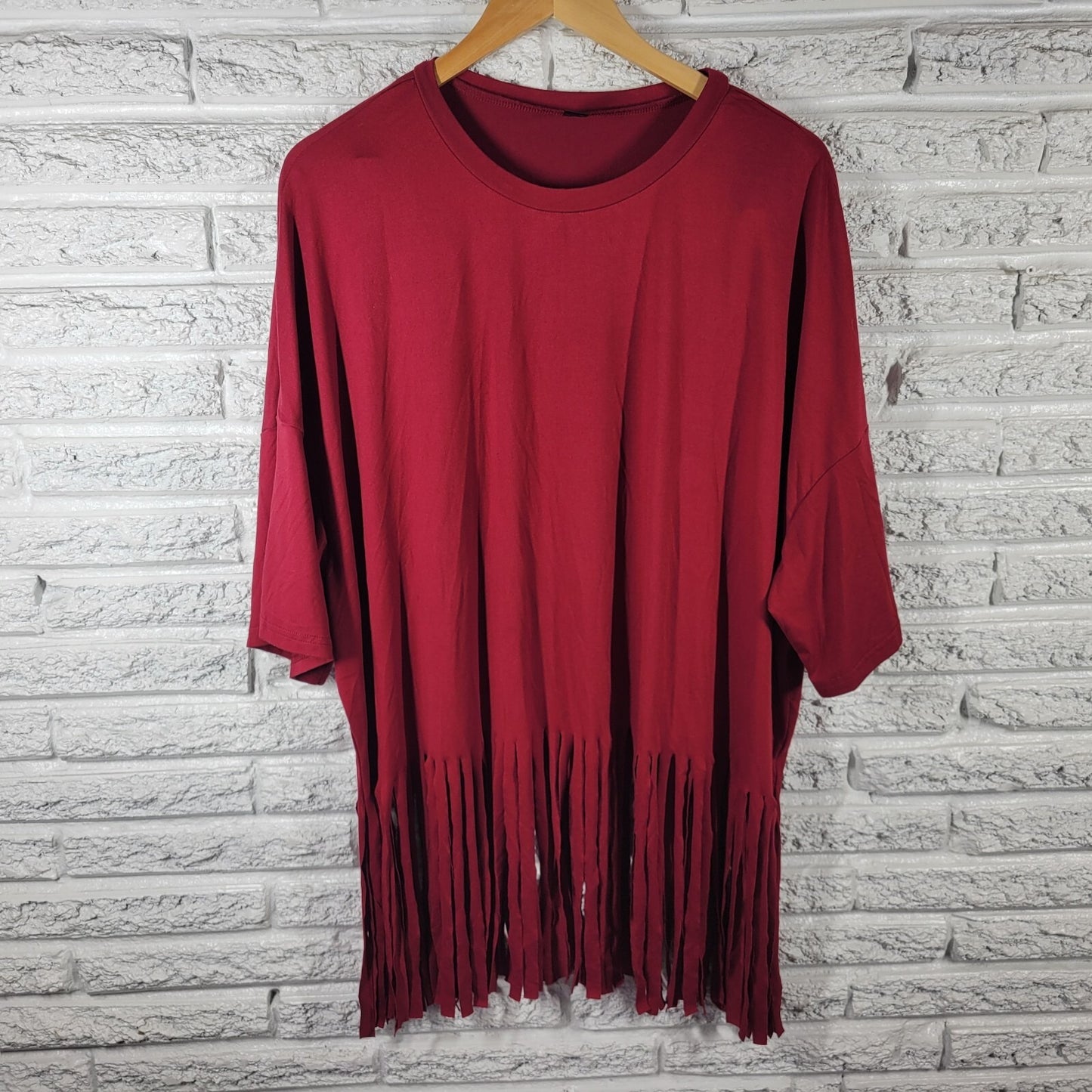 Shein Curve Womens Top 3XL Plus Tee Boho Burgundy Poly Blend Fringe Lightweight