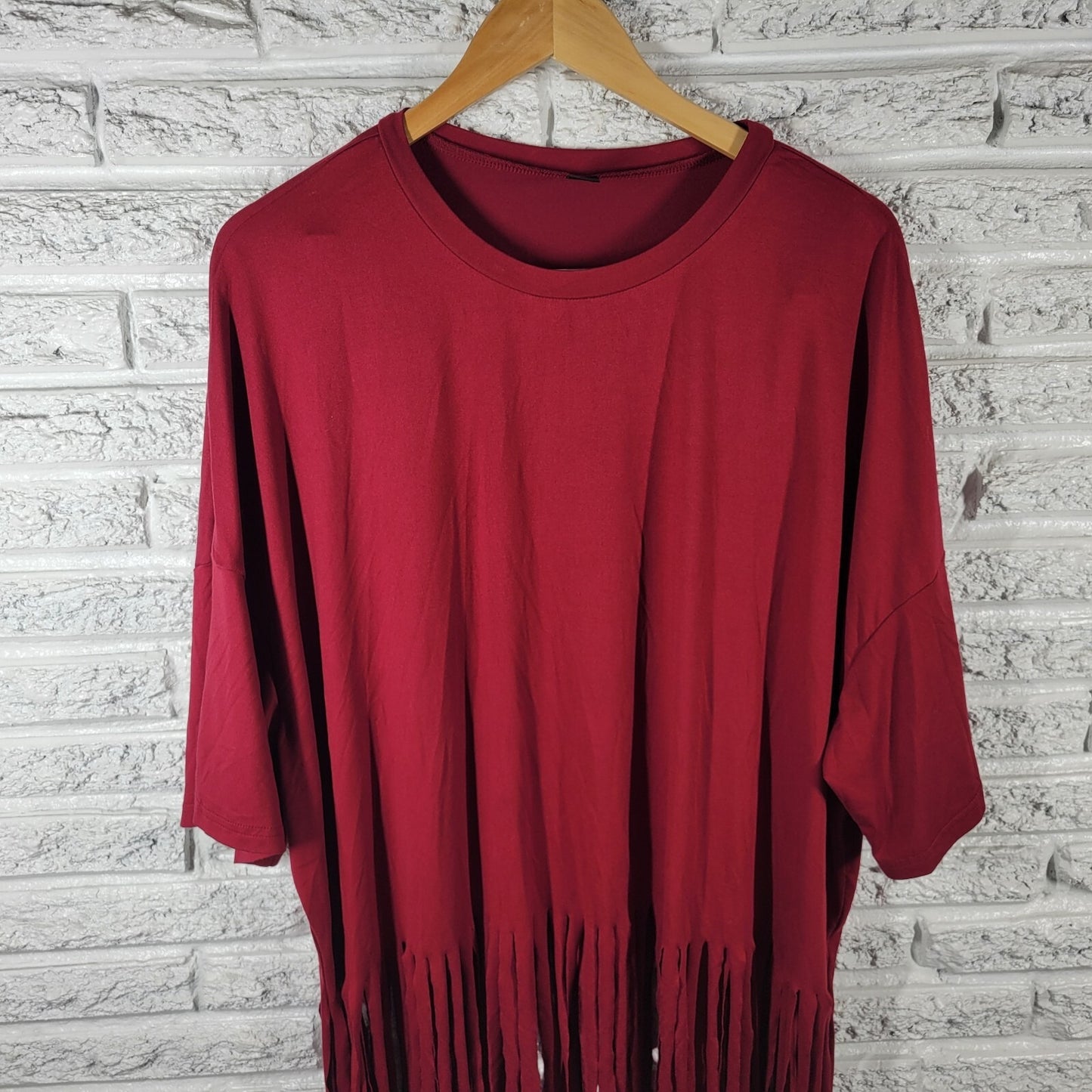 Shein Curve Womens Top 3XL Plus Tee Boho Burgundy Poly Blend Fringe Lightweight