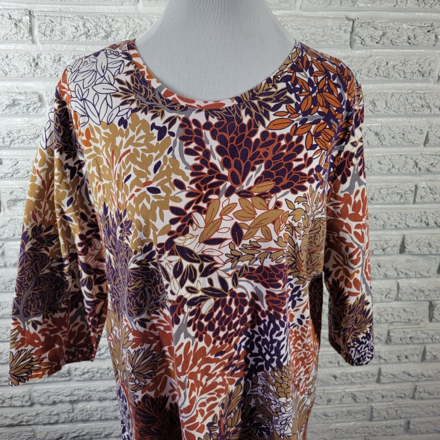 CJ Banks Womens Top 1X Plus 3/4 Sleeve Purple Brown Floral Cotton Blend Casual