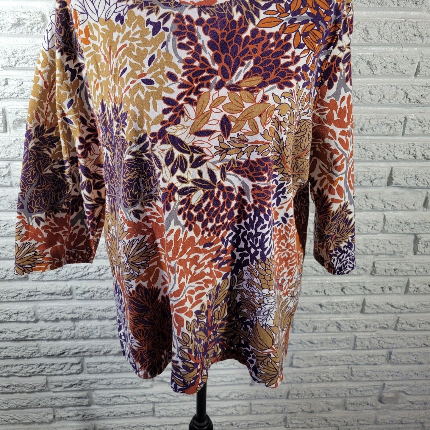 CJ Banks Womens Top 1X Plus 3/4 Sleeve Purple Brown Floral Cotton Blend Casual