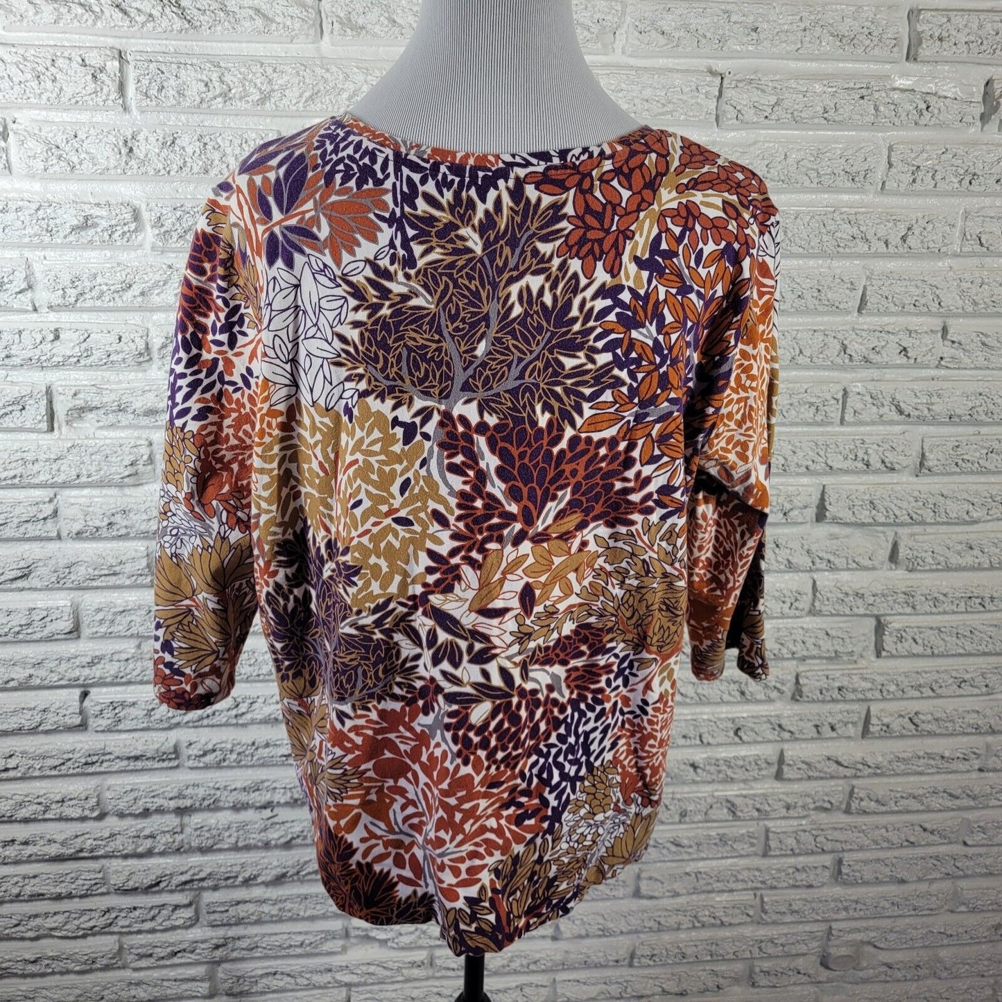 CJ Banks Womens Top 1X Plus 3/4 Sleeve Purple Brown Floral Cotton Blend Casual