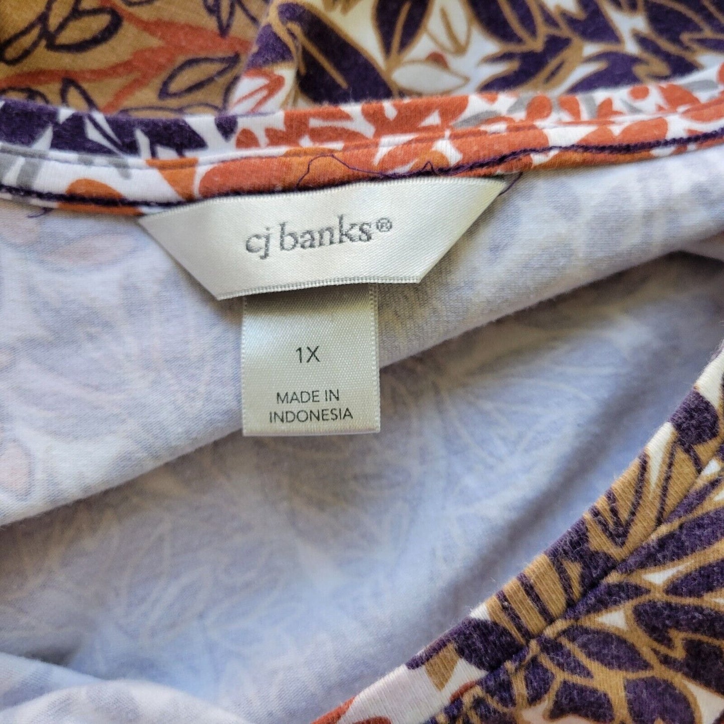 CJ Banks Womens Top 1X Plus 3/4 Sleeve Purple Brown Floral Cotton Blend Casual