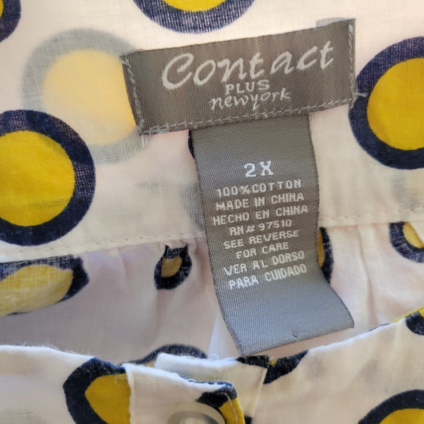Contact Plus New York Womens Top 2X Two Button Yellow Circles Cotton Lightweight
