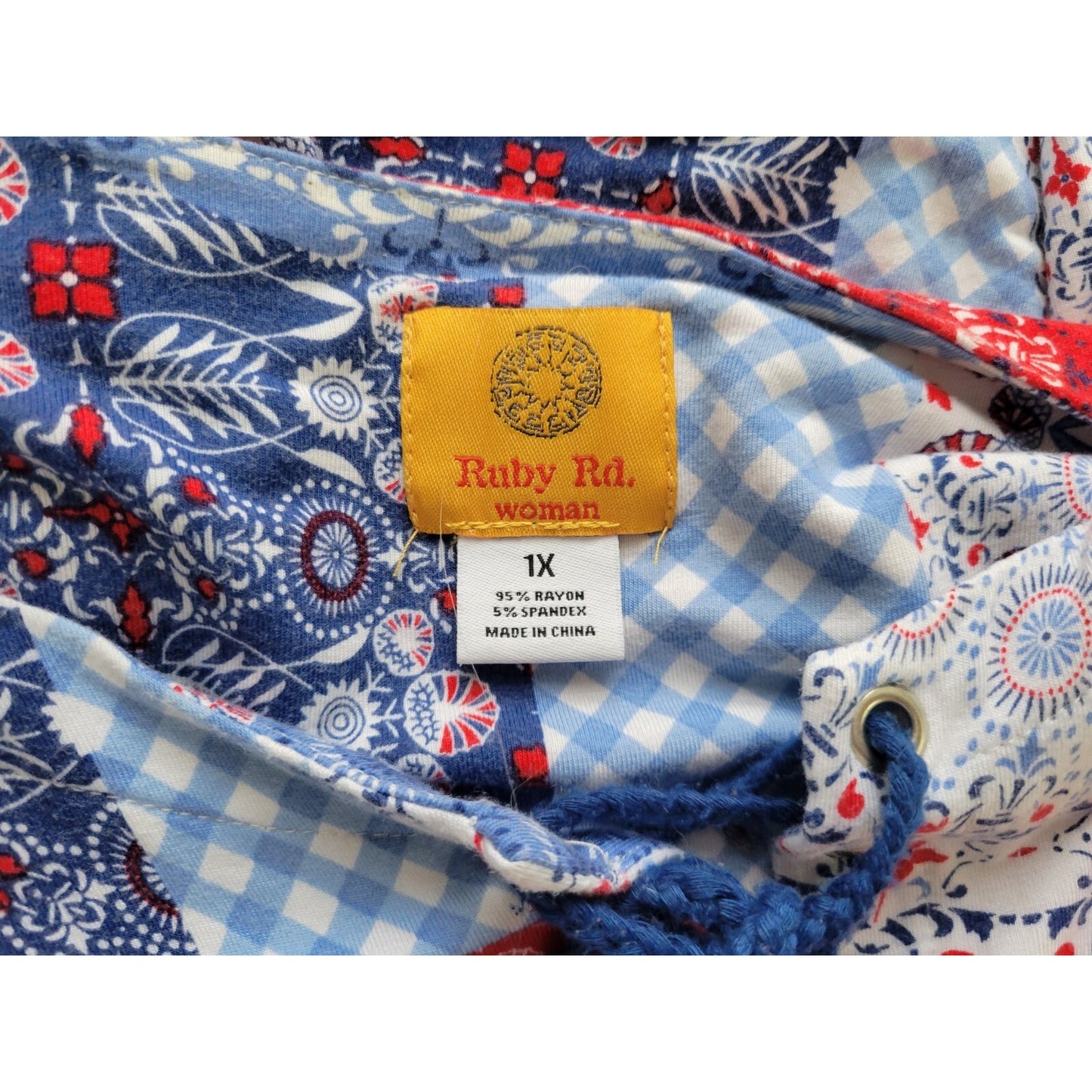 Ruby Rd Womens Top 1X Plus Bell Sleeve Red Blue Bandana Plaid Floral Lace Up