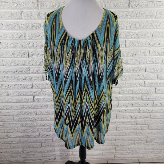 Catherines 2X Plus Size Tunic Top Blue Green Zig Zag Sheer Tied Sleeve Stretch
