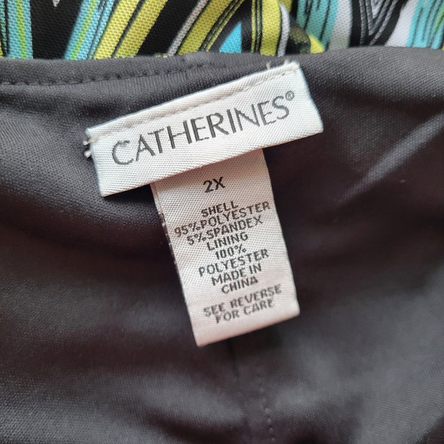 Catherines 2X Plus Size Tunic Top Blue Green Zig Zag Sheer Tied Sleeve Stretch