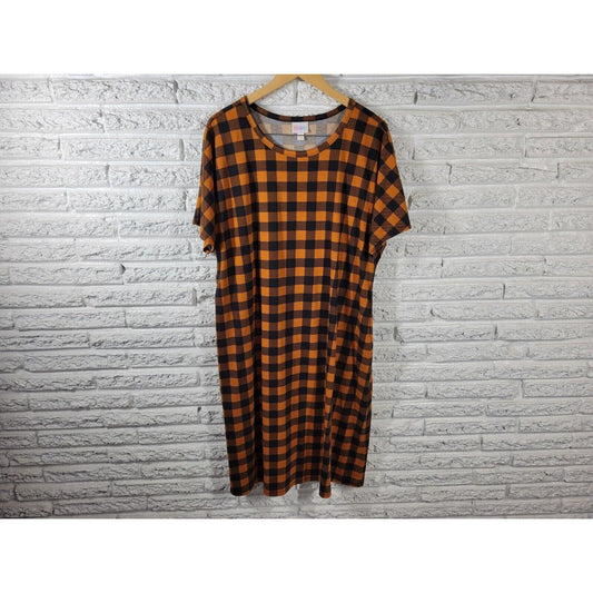 Lularoe Women Dress 3XL Plus Short Sleeve Orange Plaid Pockets Poly Blend Casual