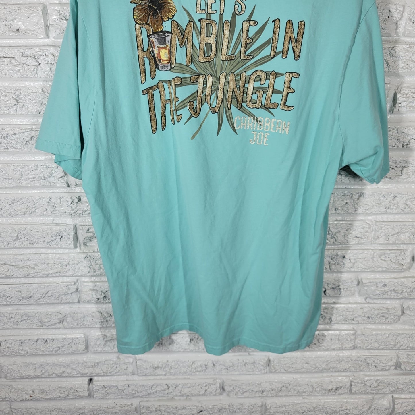 Caribbean Joe Womens Top XL Tee Short Sleeve Blue Lets Rumble in Jungle Cotton
