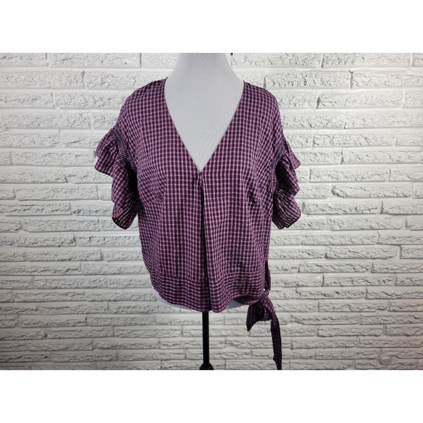 Madewell Womens Top 1X Crop Ruffle Sleeve Casual Tied Hem Seersucker Blue Plaid