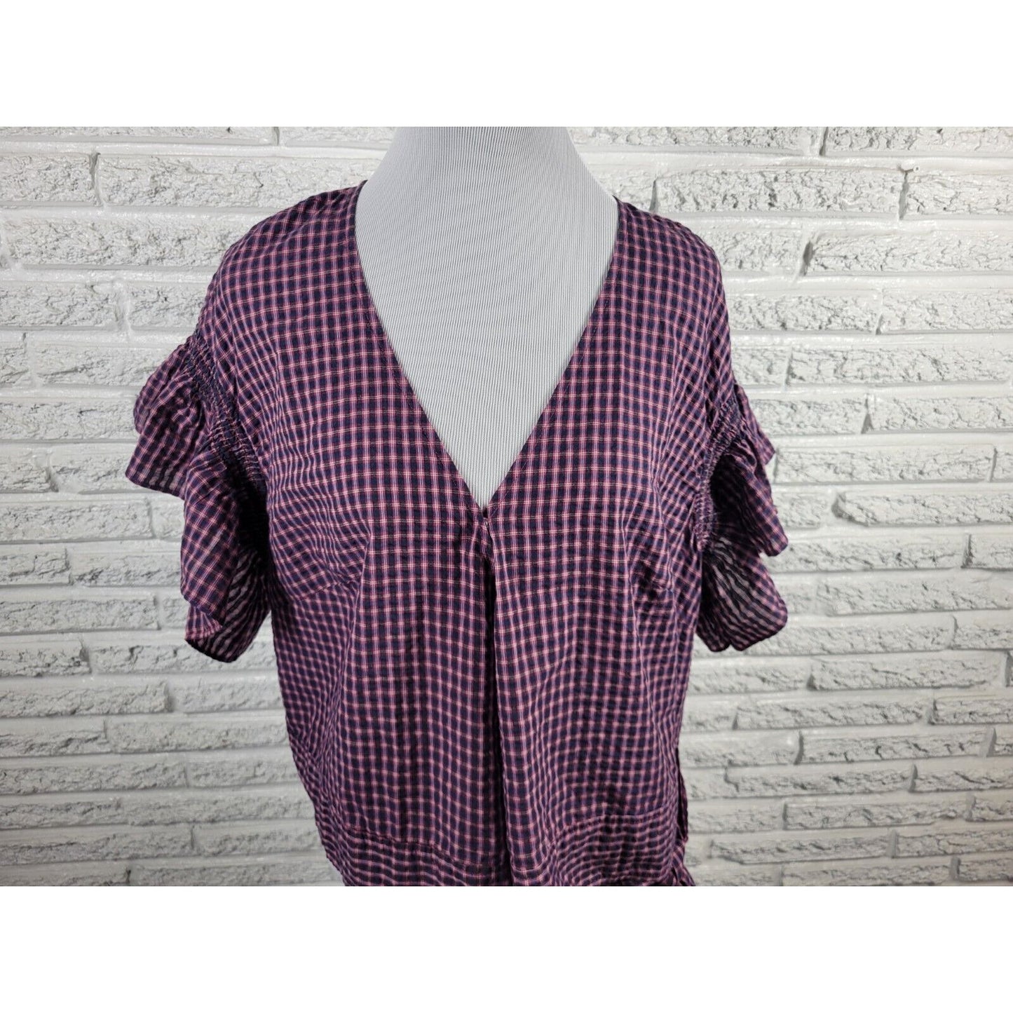 Madewell Womens Top 1X Crop Ruffle Sleeve Casual Tied Hem Seersucker Blue Plaid