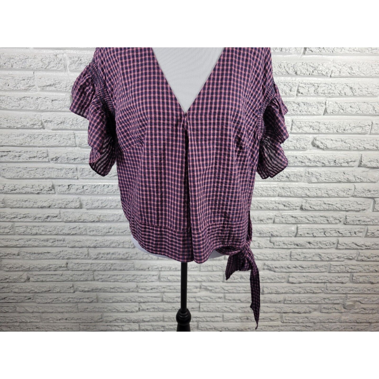 Madewell Womens Top 1X Crop Ruffle Sleeve Casual Tied Hem Seersucker Blue Plaid