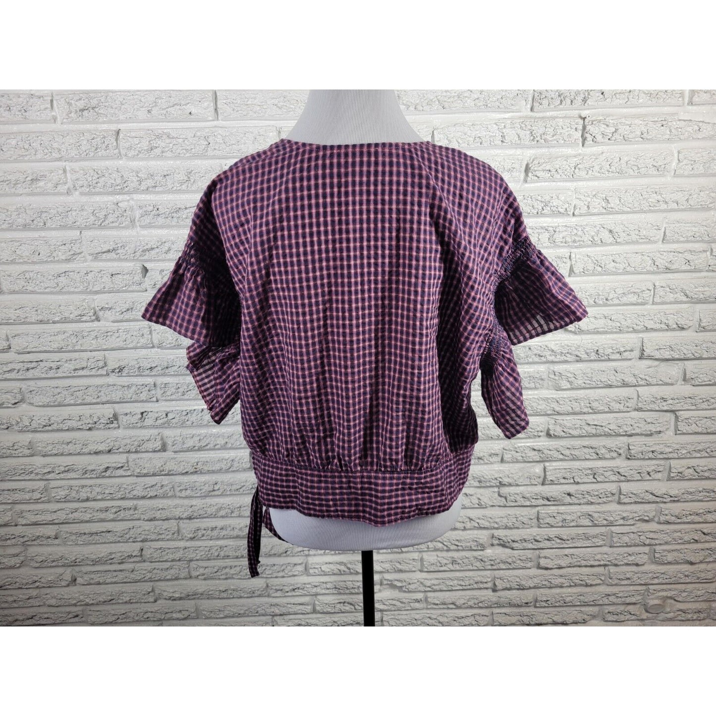 Madewell Womens Top 1X Crop Ruffle Sleeve Casual Tied Hem Seersucker Blue Plaid