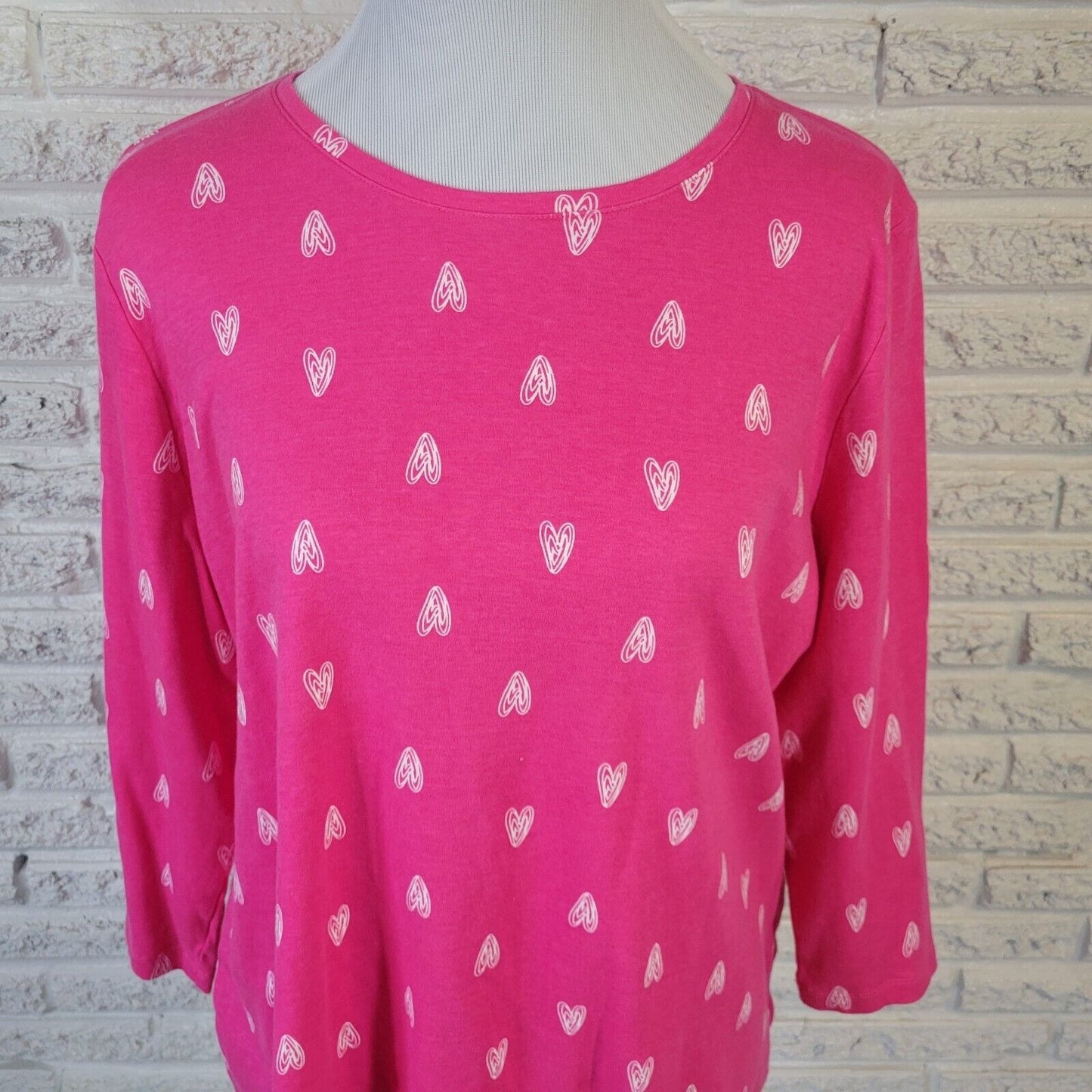 Valentines Day Kim Rogers Womens Top XL 3/4 Sleeve Pink Hearts All Over Cotton