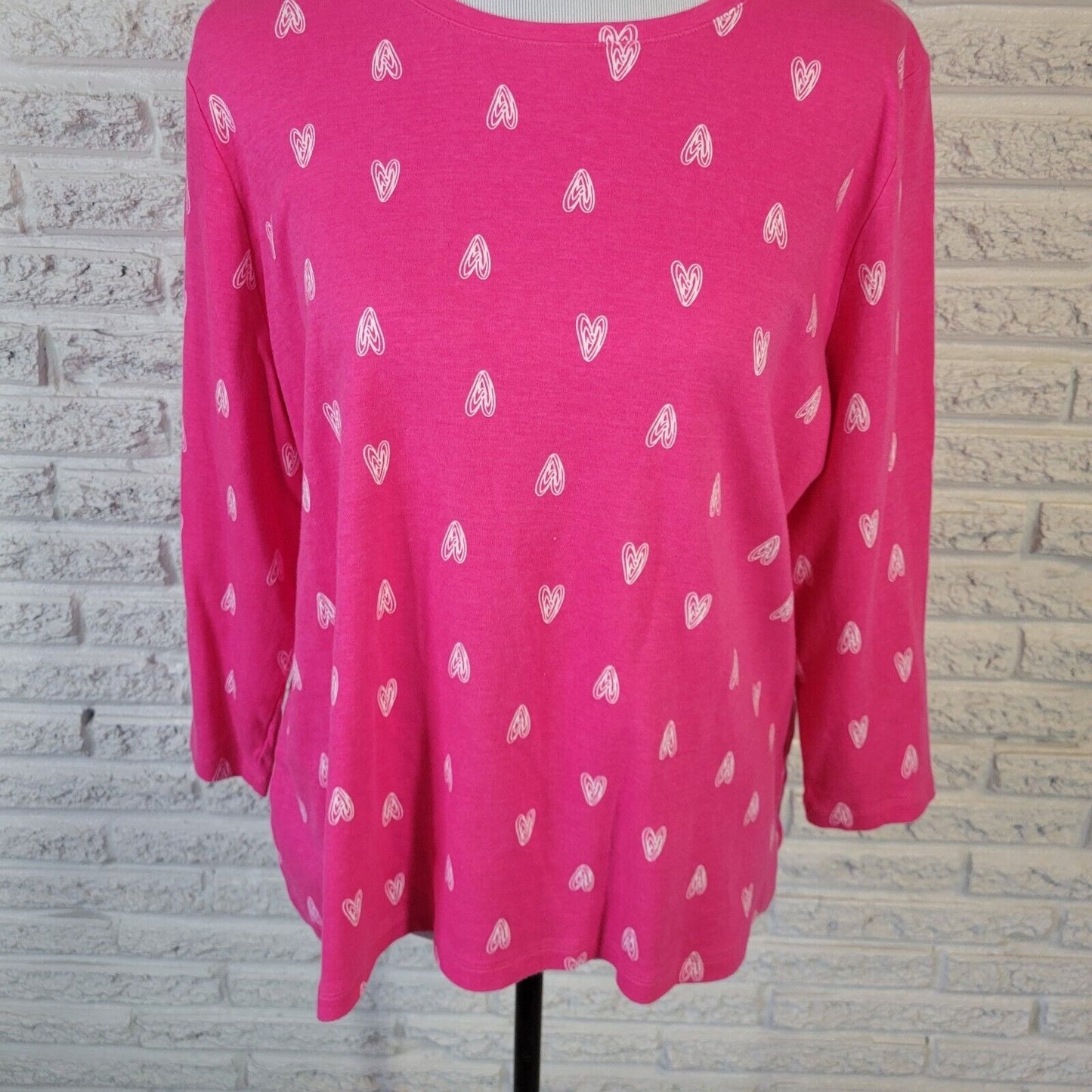 Valentines Day Kim Rogers Womens Top XL 3/4 Sleeve Pink Hearts All Over Cotton