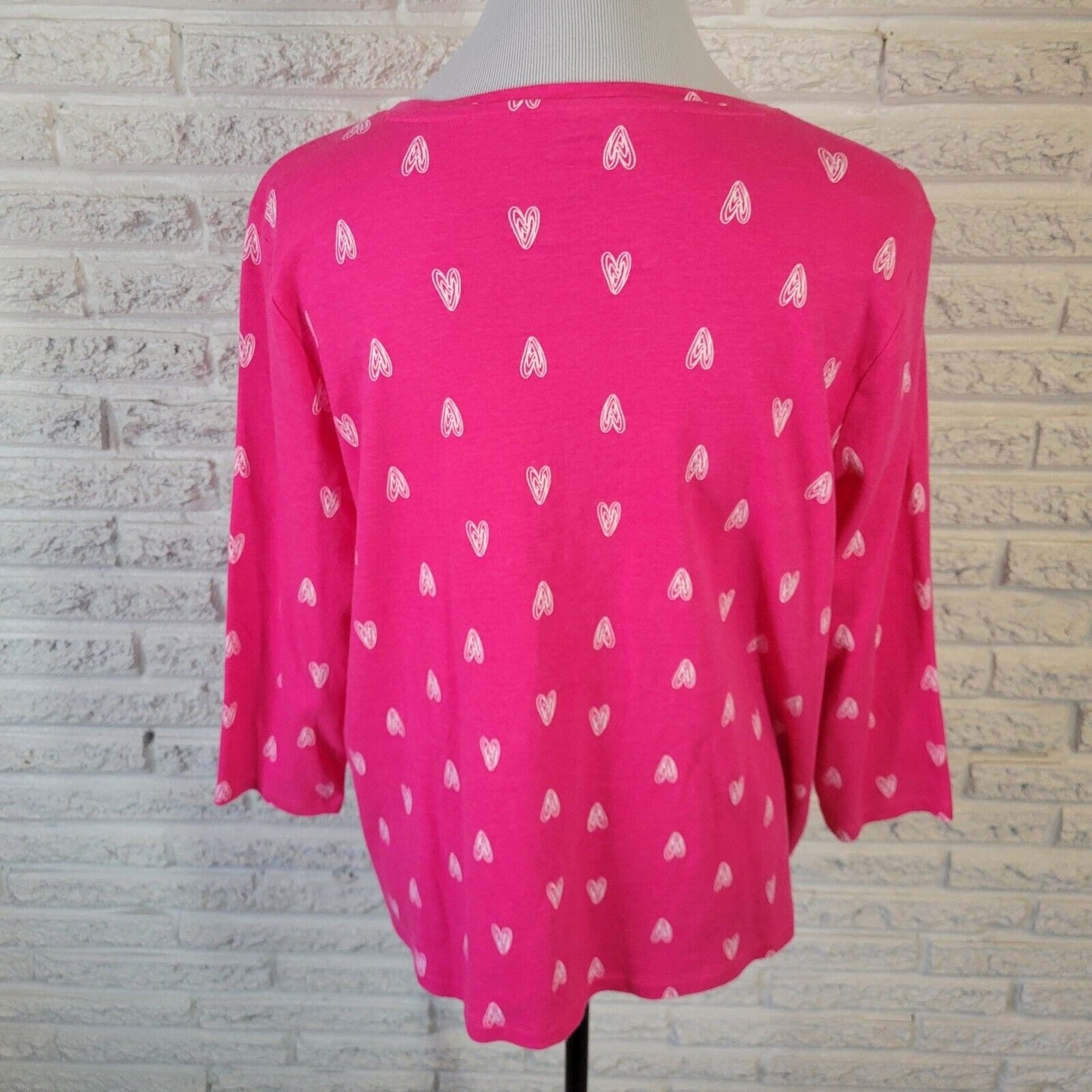 Valentines Day Kim Rogers Womens Top XL 3/4 Sleeve Pink Hearts All Over Cotton
