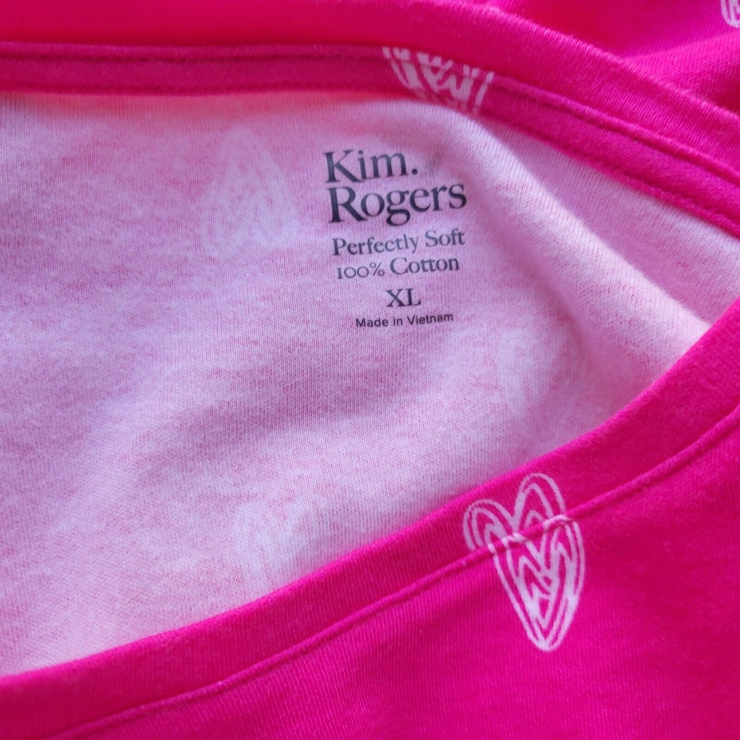 Valentines Day Kim Rogers Womens Top XL 3/4 Sleeve Pink Hearts All Over Cotton