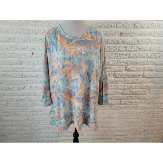 Crepas Women Top 3XL Tunic Long Sleeve Asymmetric Blue Tropical Palm Tree Knit