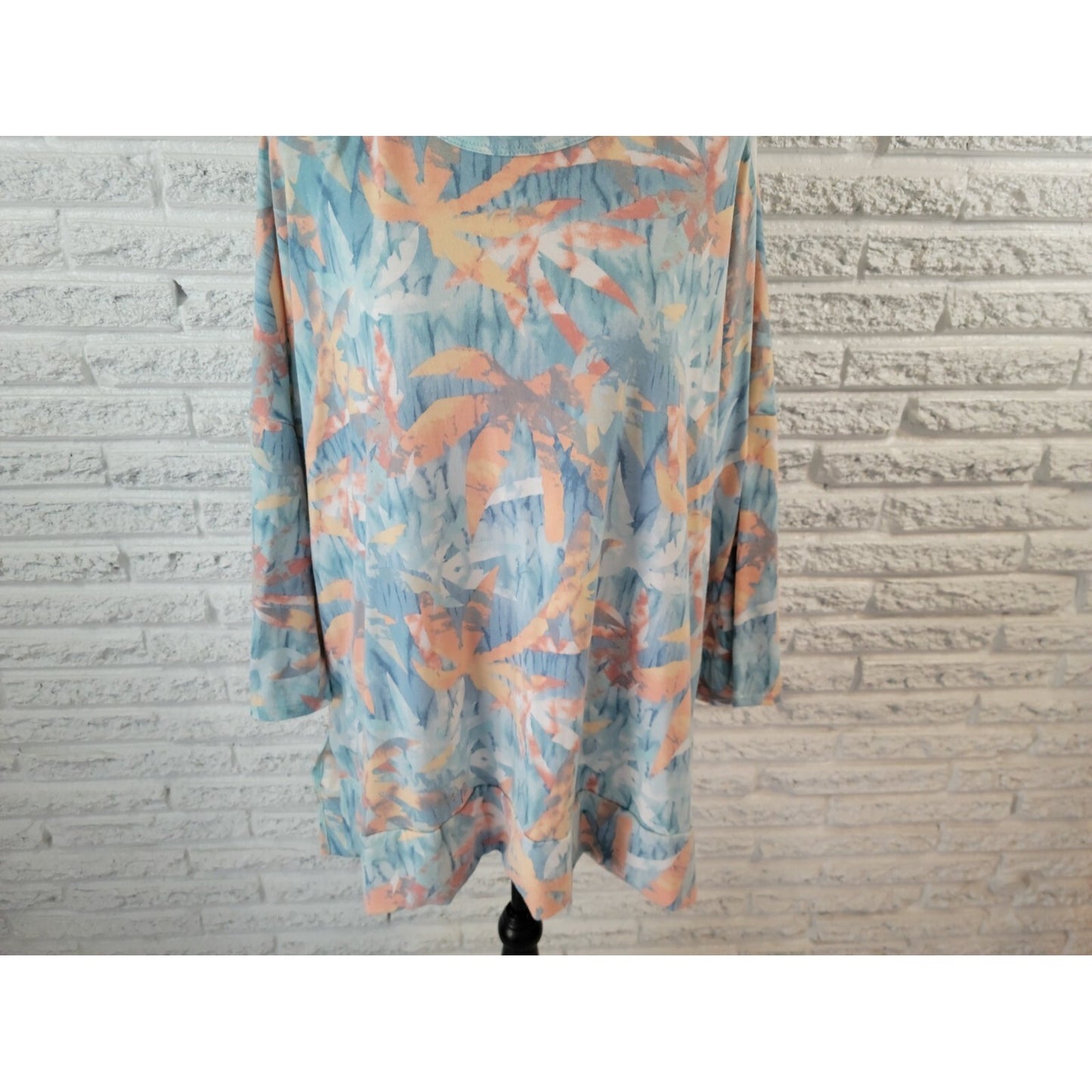 Crepas Women Top 3XL Tunic Long Sleeve Asymmetric Blue Tropical Palm Tree Knit