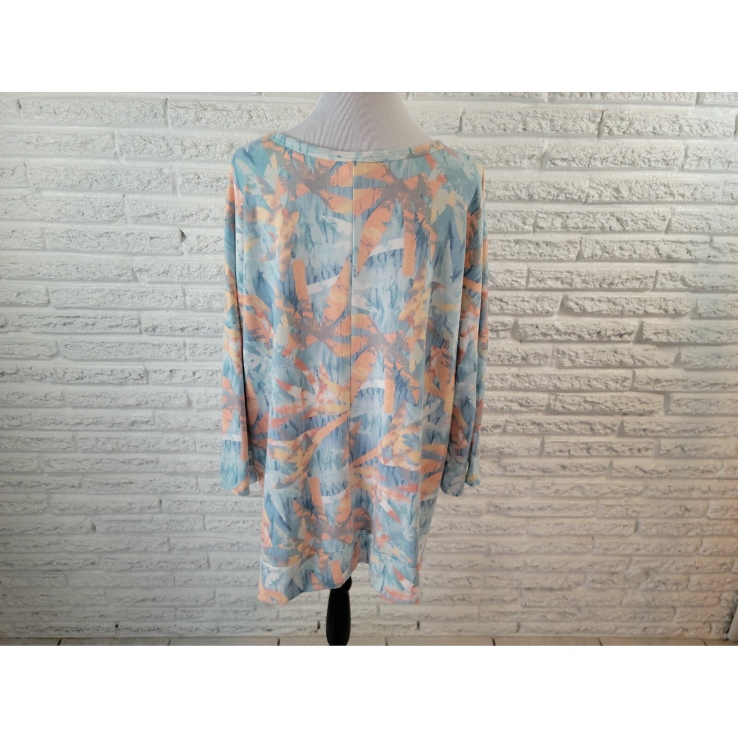 Crepas Women Top 3XL Tunic Long Sleeve Asymmetric Blue Tropical Palm Tree Knit