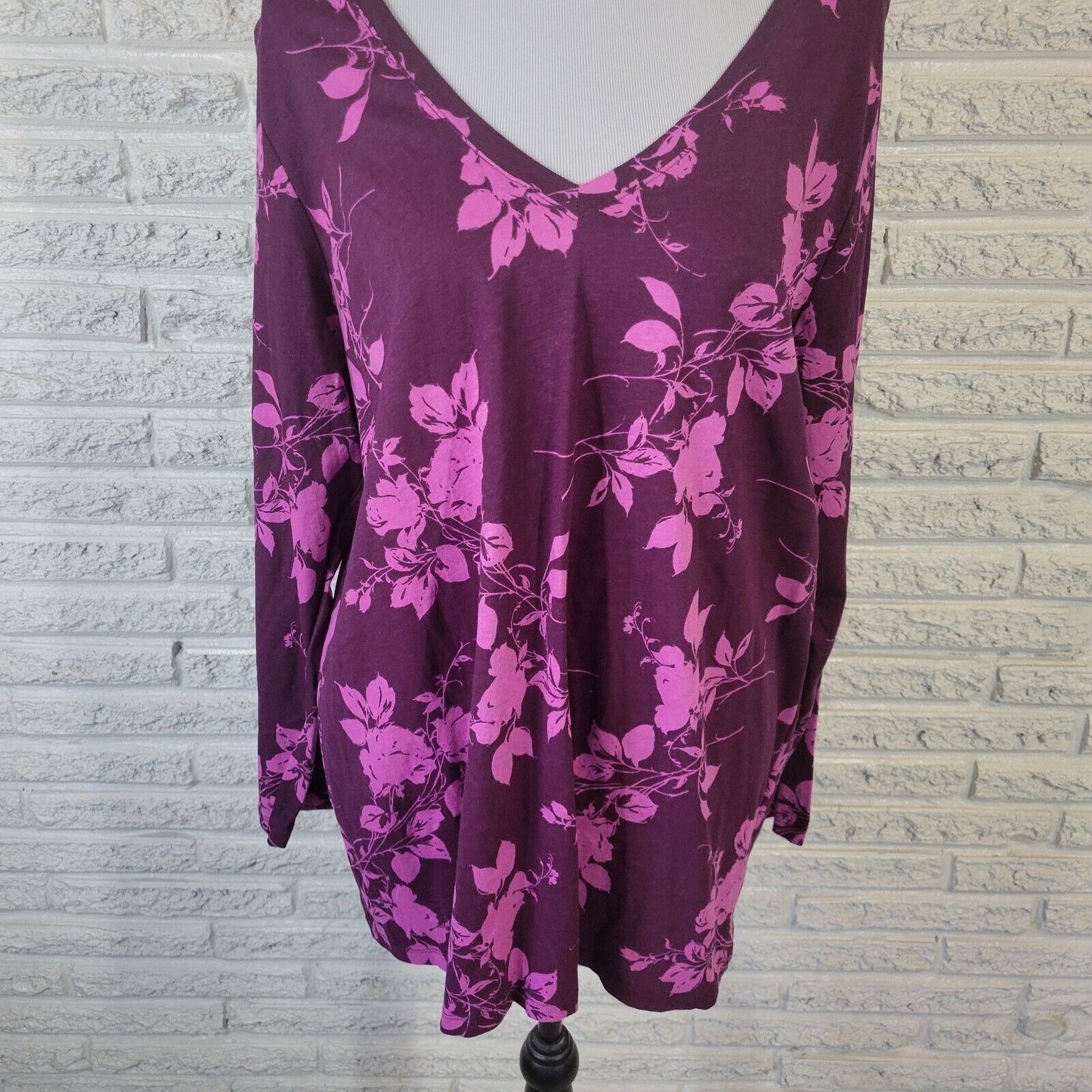Roamans Womens Top Large 18 20 Tee Long Sleeve Purple Floral Cotton Comfy Casual