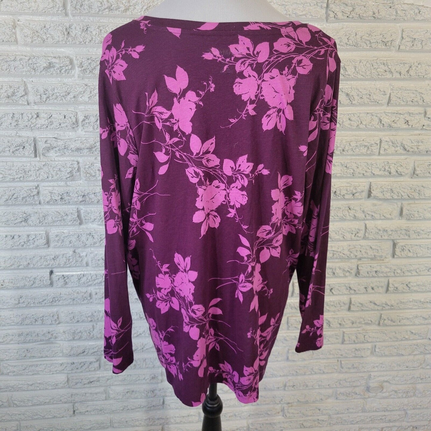 Roamans Womens Top Large 18 20 Tee Long Sleeve Purple Floral Cotton Comfy Casual
