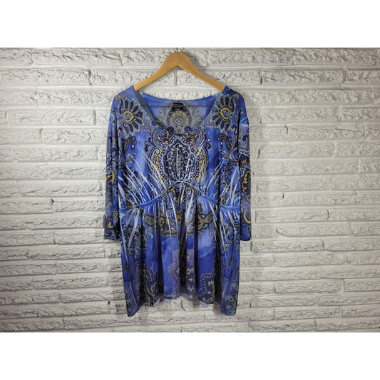 Faded Glory Womens Top 3X Plus Tunic 3/4 Sleeve Blue Paisley Laser Rhinestones