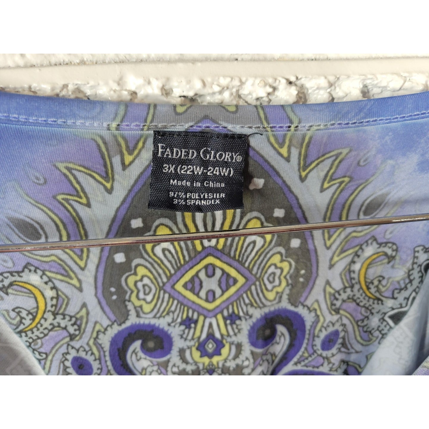 Faded Glory Womens Top 3X Plus Tunic 3/4 Sleeve Blue Paisley Laser Rhinestones