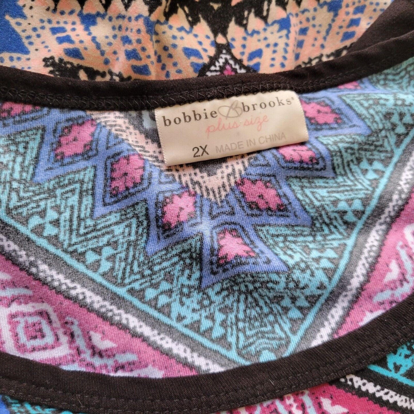 Bobbie Brooks Womens Top 2X Plus Tunic Raglan Sleeve Poly Blend Purple Geometric