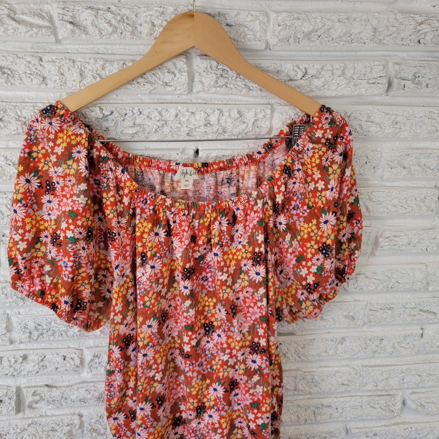 Style & Co XXL Plus Size Top 100% Cotton Red Yellow Floral Off Shoulder Peasant