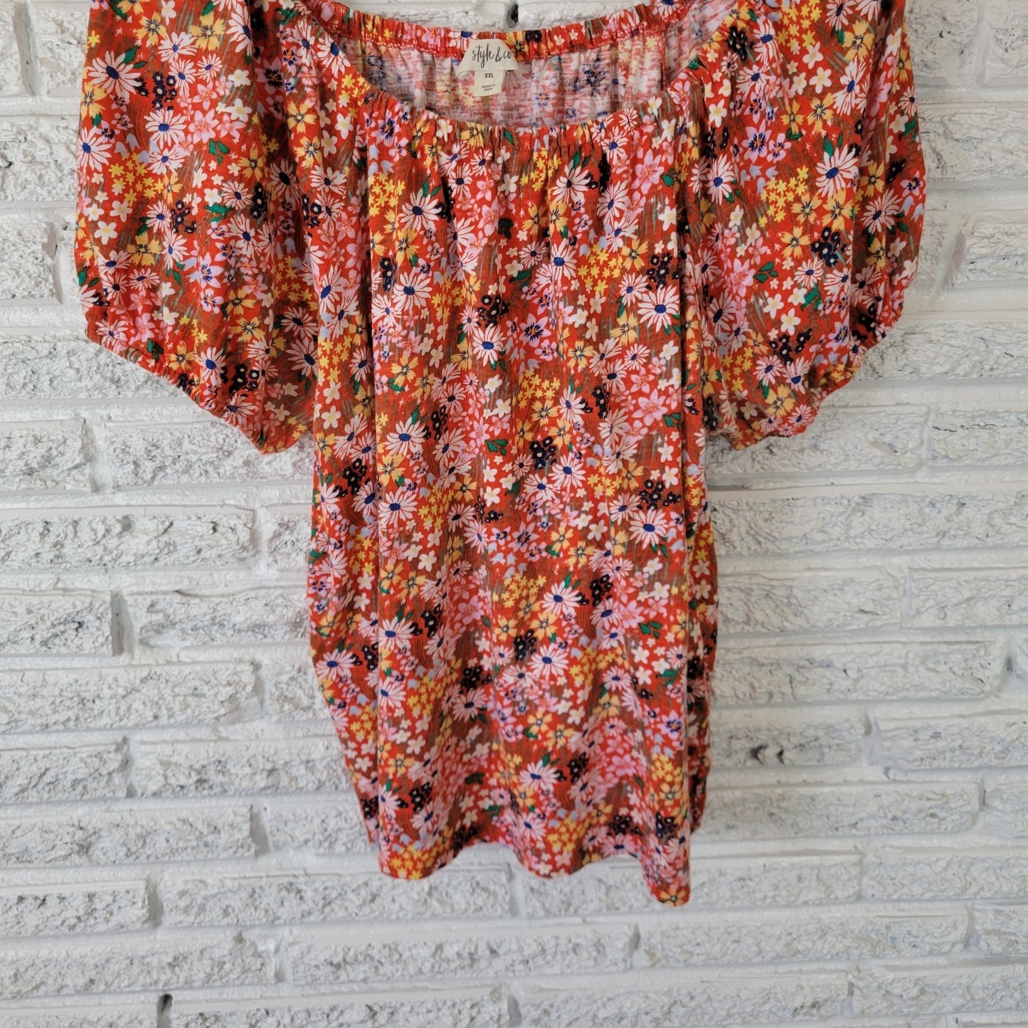Style & Co XXL Plus Size Top 100% Cotton Red Yellow Floral Off Shoulder Peasant