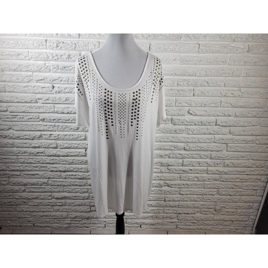 Faded Glory Womens Top 2X 18W 20W Plus Tunic Cap Sleeve White Studded Stretchy