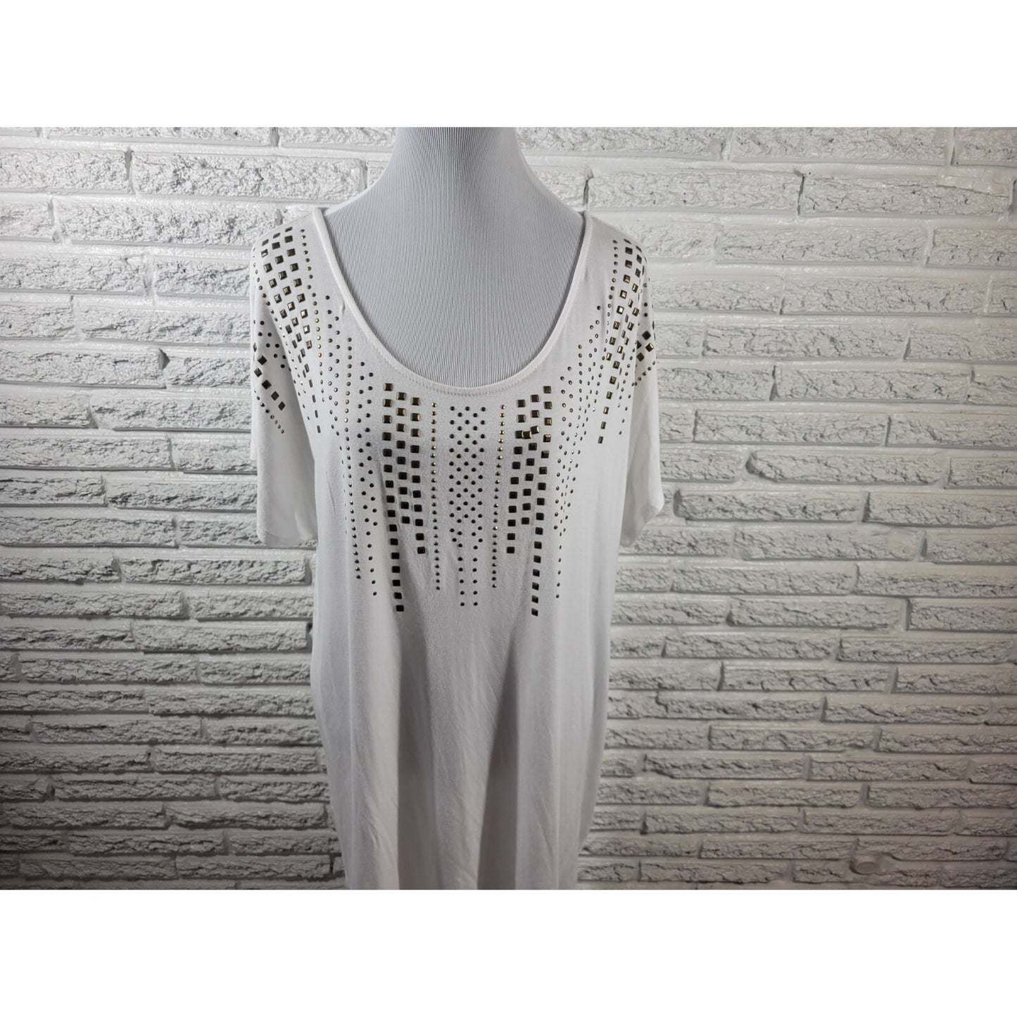 Faded Glory Womens Top 2X 18W 20W Plus Tunic Cap Sleeve White Studded Stretchy