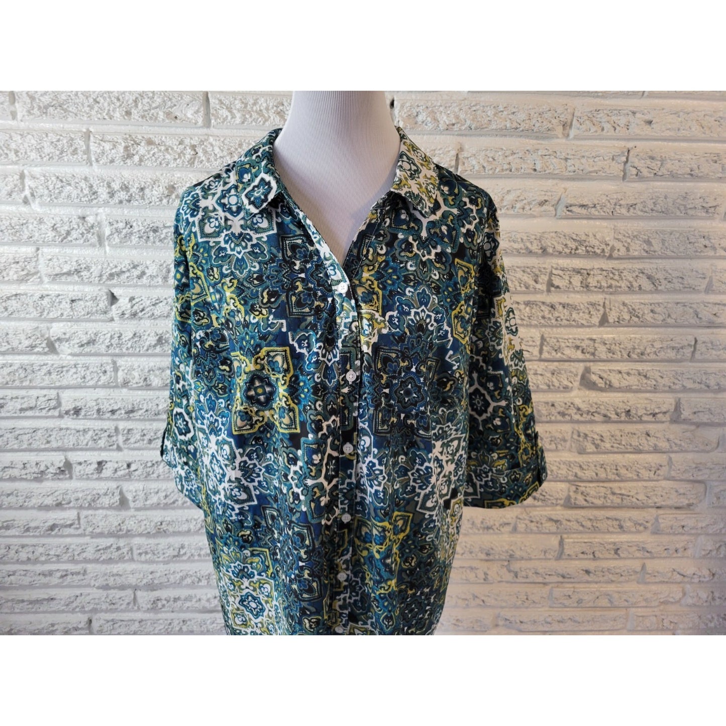 Catherine's Women's 1XWP Plus Size Top Blouse Blue Medallion Collared Button-Up