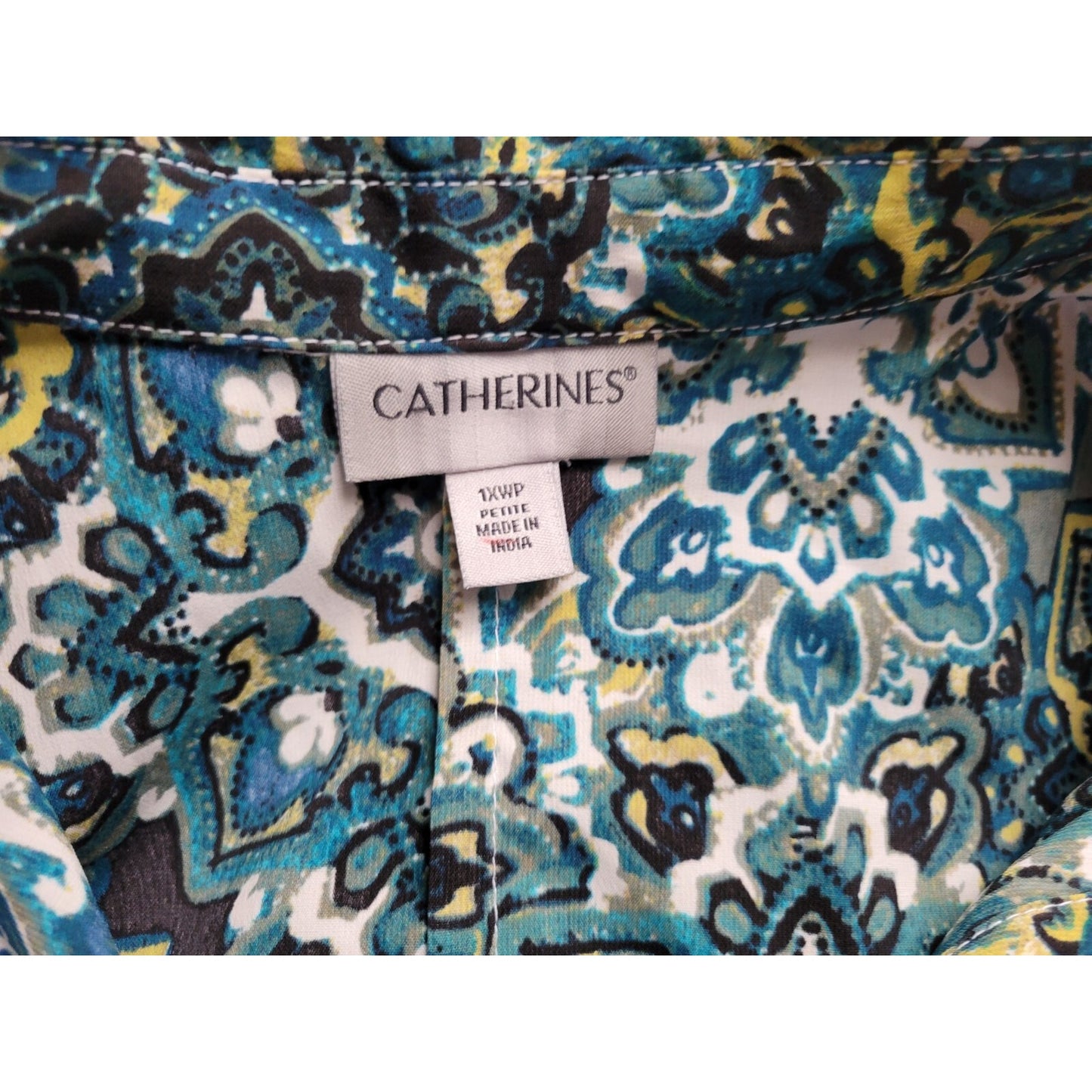 Catherine's Women's 1XWP Plus Size Top Blouse Blue Medallion Collared Button-Up