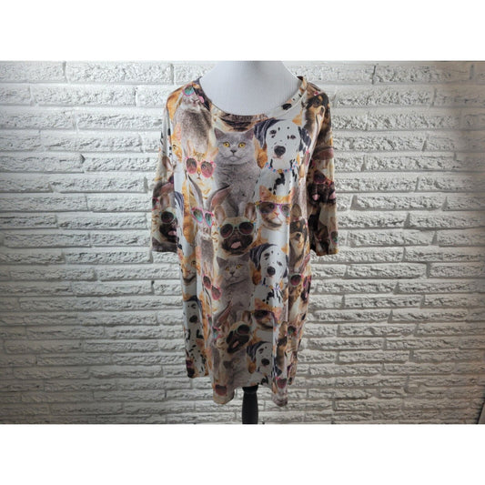 Secret Treasures Womens Pajamas 2X 3X Top Short Sleeve Cats Dogs Polyester Gray
