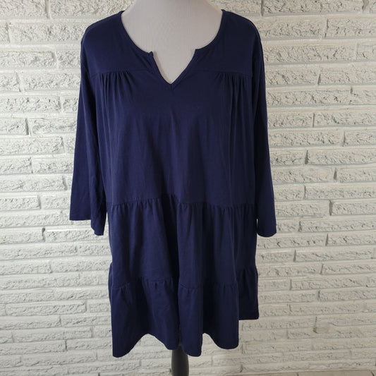 Woman Within Womens Top 2X Plus Tunic Baby Doll 3/4 Sleeve Blue Ruffle