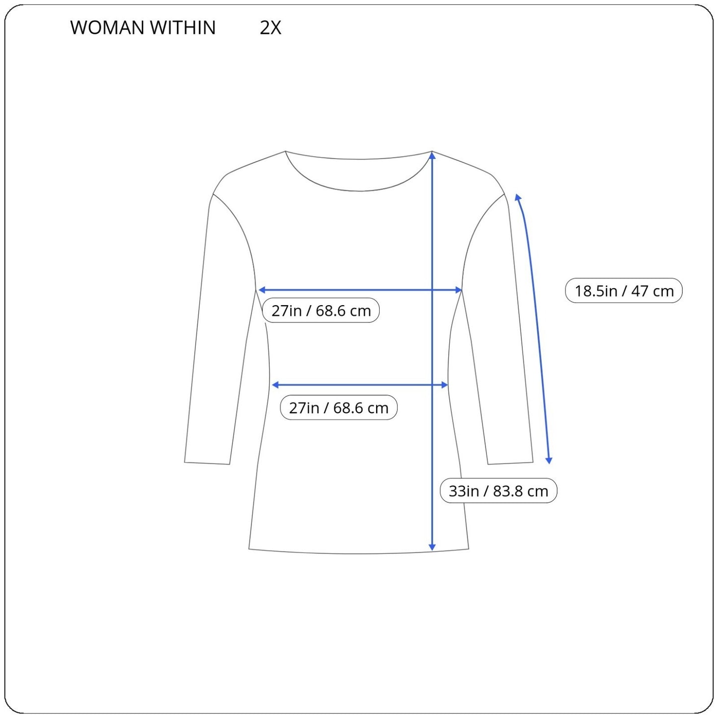 Woman Within Womens Top 2X Plus Tunic Baby Doll 3/4 Sleeve Blue Ruffle