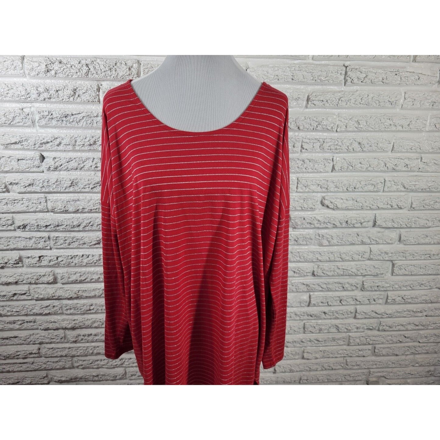 Cato Womens Top 3XPlus  Tunic Long Sleeve Knit Red Stripe Sheer Poly Blend