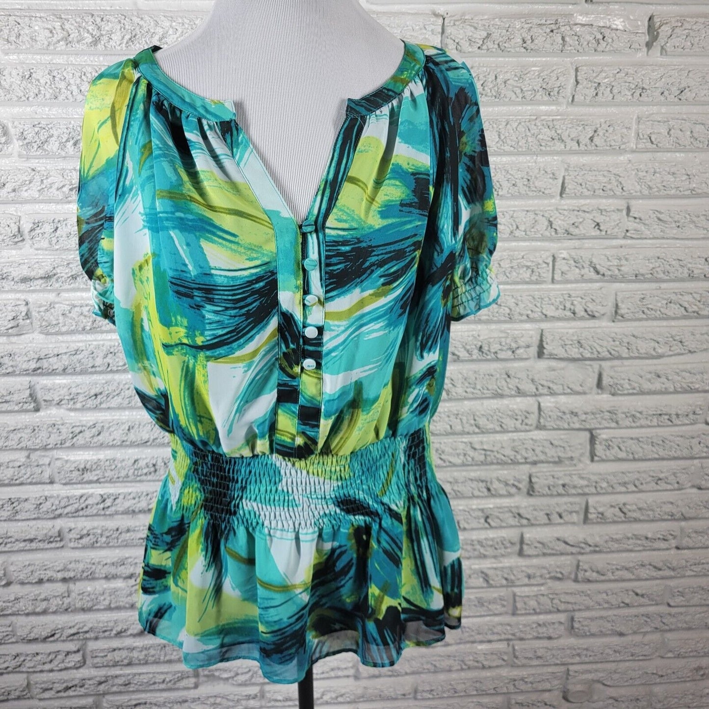 Worthington Womens Top Extra Large Peplum Green Watercolor Button Lightweight