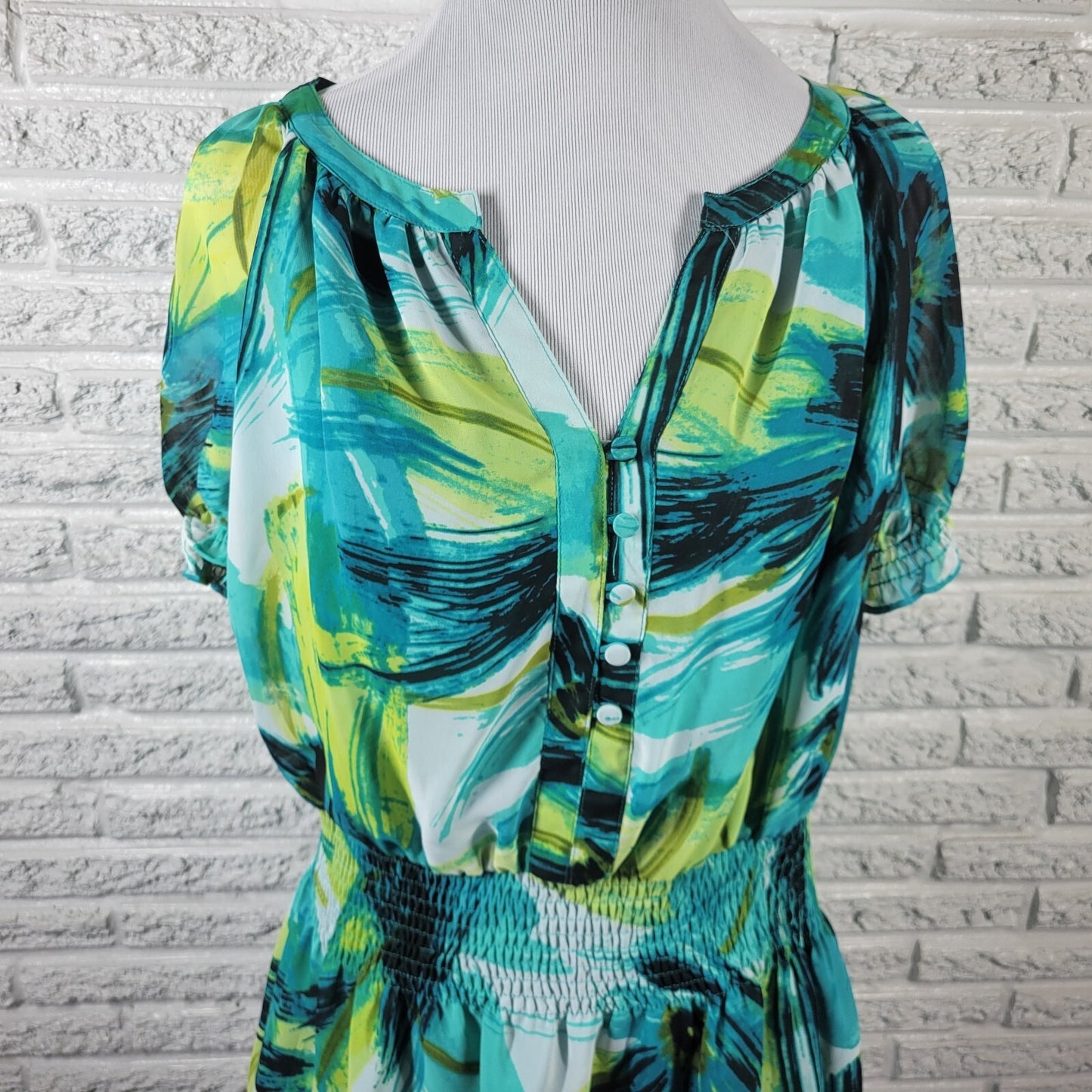 Worthington Womens Top Extra Large Peplum Green Watercolor Button Lightweight