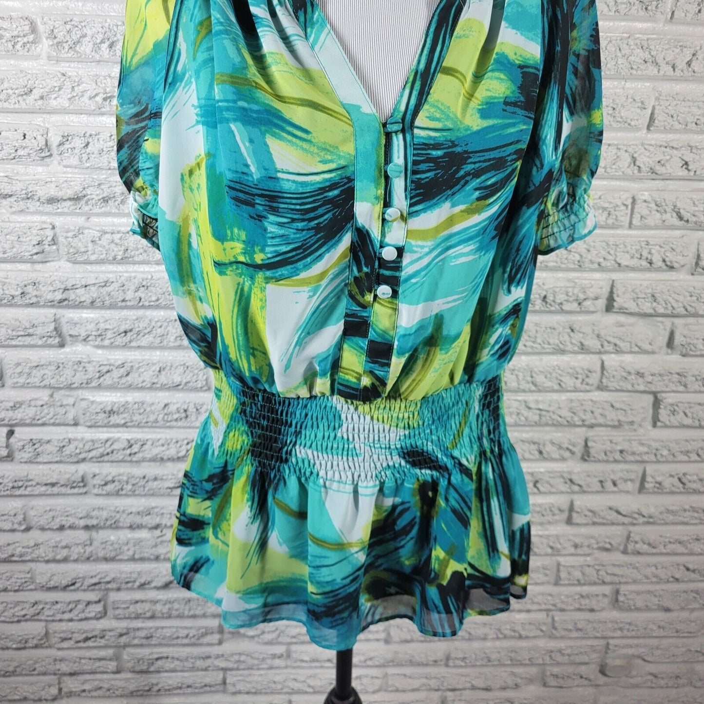 Worthington Womens Top Extra Large Peplum Green Watercolor Button Lightweight