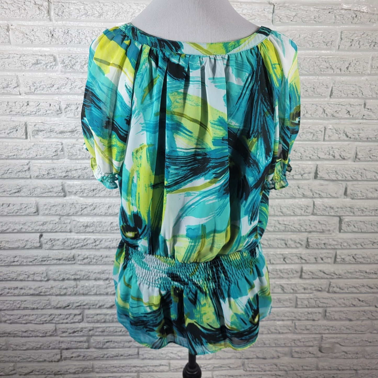 Worthington Womens Top Extra Large Peplum Green Watercolor Button Lightweight