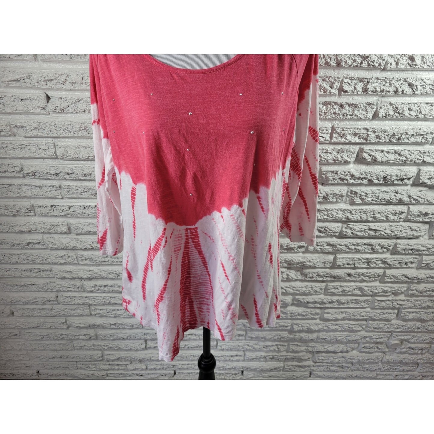 New Directions Womens Top Extra Large Tee Asymmetric Studded Comfy Pink Tie Dye