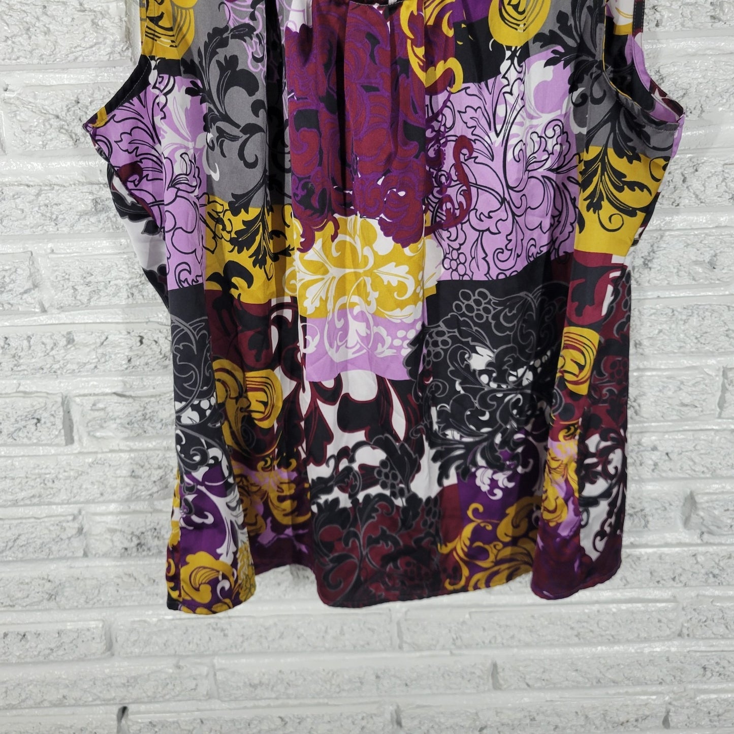 212 Collection Womens Top XL Tank Purple Gold Floral Pleated Neck Poly Blend