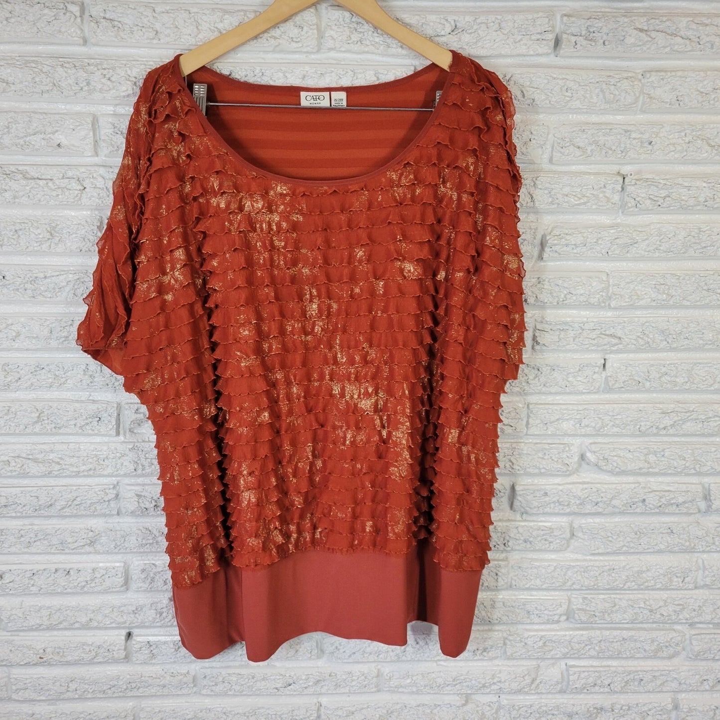Cato Women Top 26W 28W Plus Short Sleeve Burnt Orange Poly Blend Glitter Tiered