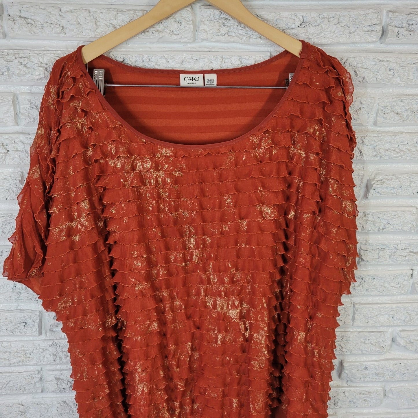 Cato Women Top 26W 28W Plus Short Sleeve Burnt Orange Poly Blend Glitter Tiered