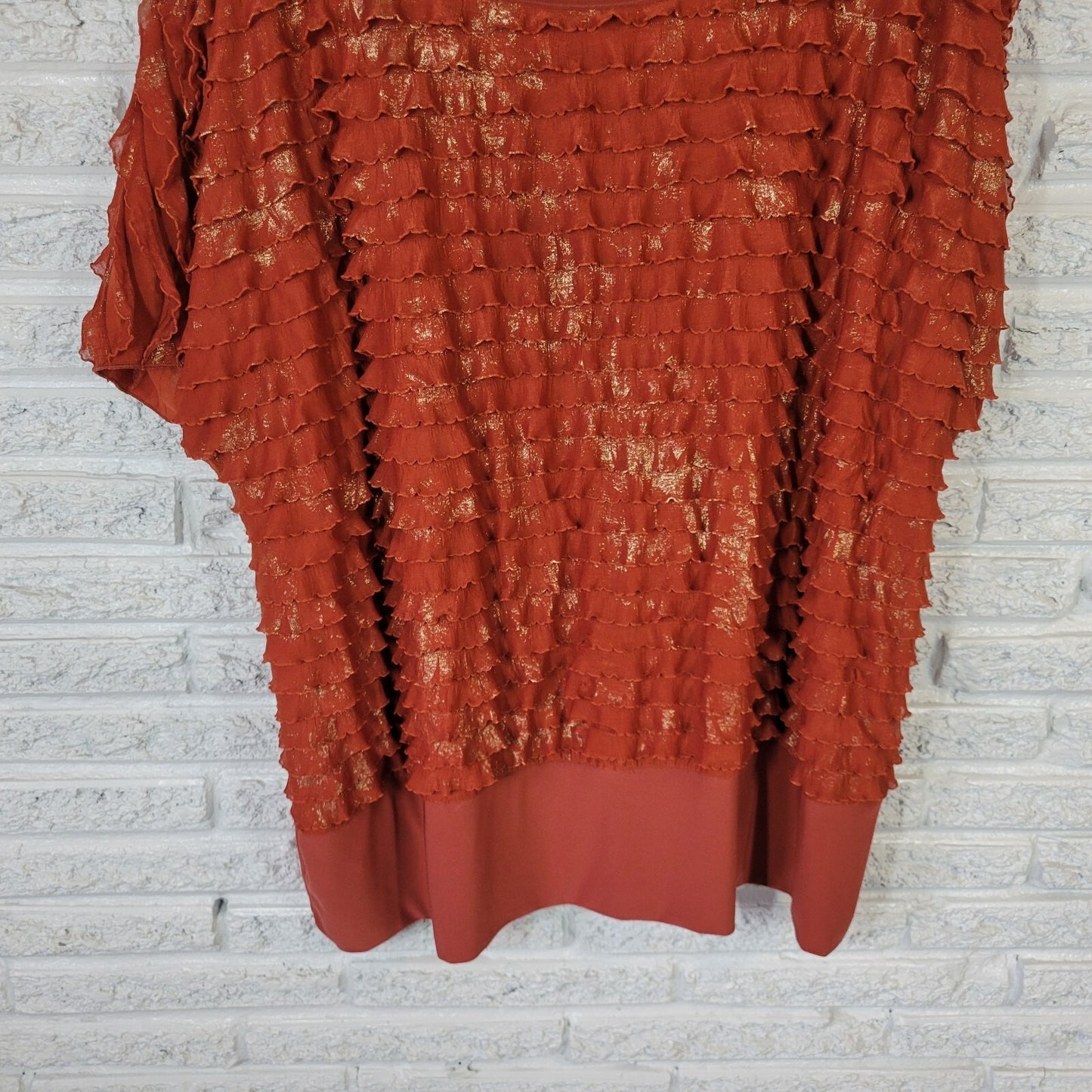 Cato Women Top 26W 28W Plus Short Sleeve Burnt Orange Poly Blend Glitter Tiered